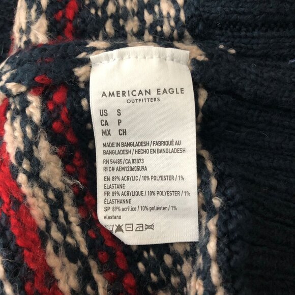 American Eagle Mens Super Soft Birdseye Fairisle Hooded Sweater Blue Red Size S - Picture 4 of 5